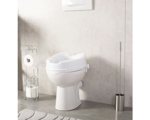 Toilette mit Toilettensitzerhöhung, Toilettenpapierhalter und Toilettenbürste im Badezimmer