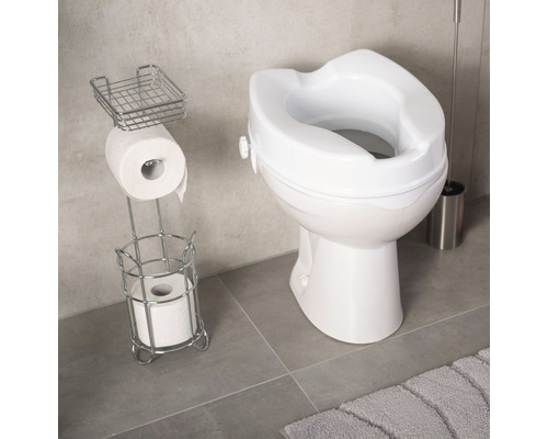 Toilette mit Toilettensitzerhöhung und Toilettenpapierhalter im Badezimmer