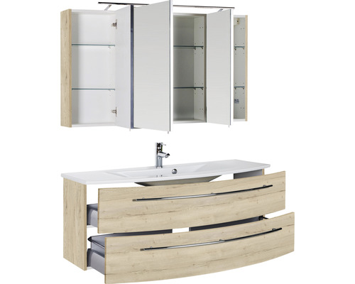 Waschtischkombination mit Waschbecken, Unterschrank mit Schubladen und Spiegelschrank mit offenen Türen