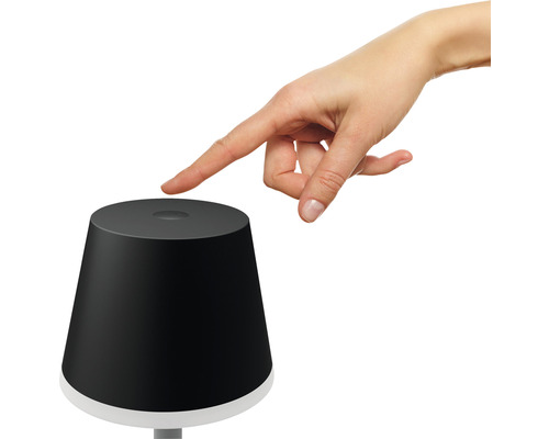 Une main touche une lampe de table.