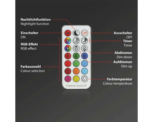 Télécommande avec boutons pour fonction veilleuse, interrupteur marche/arrêt, effet RVB, sélection des couleurs, minuterie, variateur et température de couleur