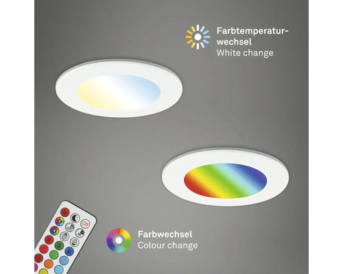 Deux plafonniers LED ronds avec fonction de changement de couleur et de température de couleur, ainsi qu''une télécommande correspondante.
