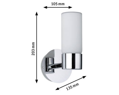 Wandleuchte mit den Massen 203 mm Höhe, 105 mm Breite und 135 mm Tiefe.