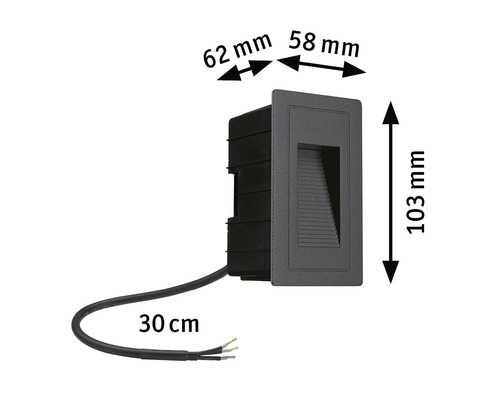 Éclairage de marche avec dimensions de 62 mm x 58 mm x 103 mm et un câble de 30 cm