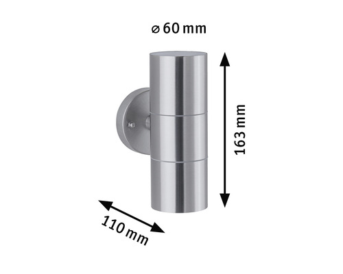 Applique murale en acier inoxydable avec des dimensions de 60 mm de diamètre, 110 mm de largeur et 163 mm de hauteur.