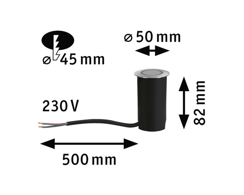 Schéma technique d''un spot encastrable au sol avec les dimensions : diamètre 50 mm, hauteur 82 mm, longueur de câble 500 mm, diamètre du trou d''encastrement 45 mm, tension 230 volts