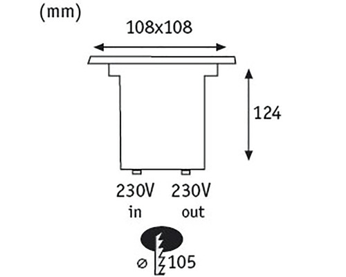 Schéma technique d''une lampe avec des dimensions de 108 x 108 millimètres, hauteur de 124 millimètres et connexion de 230 V