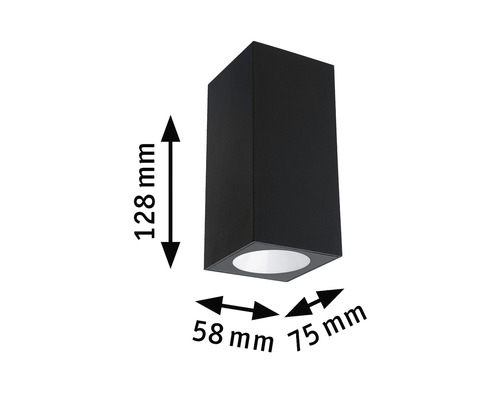 Abbildung einer schwarzen, würfelförmigen Wandleuchte mit den Maßen 128 mm Höhe, 58 mm Breite und 75 mm Tiefe.