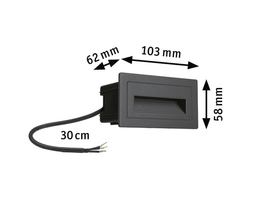 Spot encastrable avec des dimensions de 62 mm de profondeur, 103 mm de largeur et 58 mm de hauteur, et un câble de 30 cm de long.