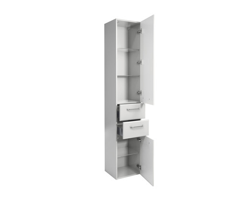 Weißer Hochschrank mit Regalböden und Schubladen