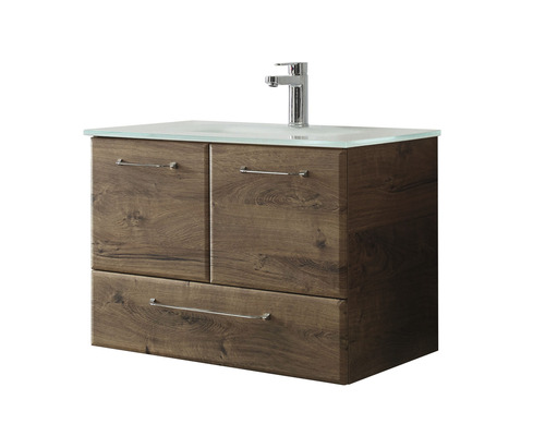 Waschtisch mit Glasplatte, Armatur, zwei Türen und einer Schublade