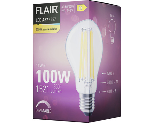 FLAIR LED Lampe A67 E27, 100 Watt, dimmbar auf Verpackung