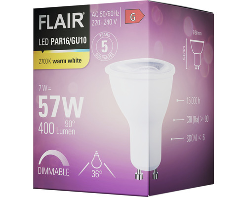 Verpackung einer Flair LED PAR16/GU10 Lampe mit 5 Jahren Garantie