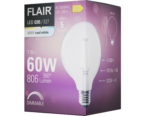 Emballage d''une lampe LED Flair G95 E27 dimmable avec 806 lumens et 4000 Kelvin