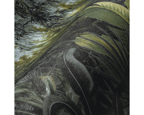Gros plan d''un papier peint texturé avec un motif de jungle et de grandes feuilles