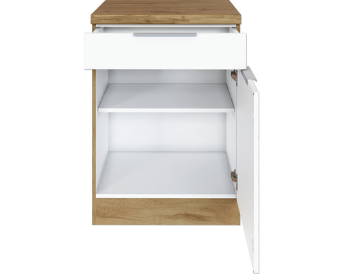 Offener Badezimmerschrank mit Schublade und Regalböden