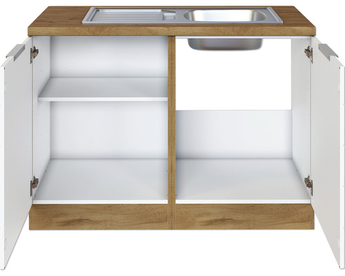 Meuble bas de cuisine avec deux portes ouvertes et étagères