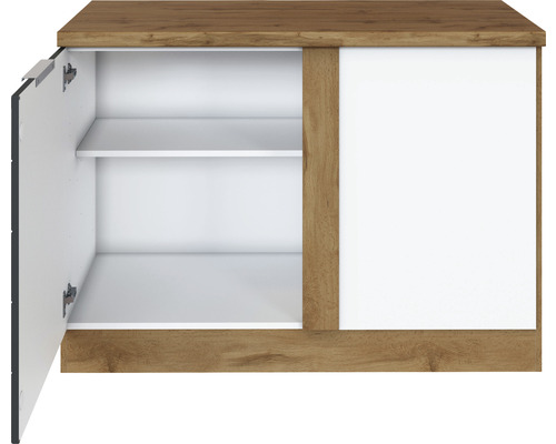 Meuble sous-vasque avec une porte ouverte et une étagère