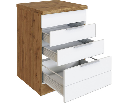 Kommode mit vier Schubladen, teilgeöffnet, Holzstruktur