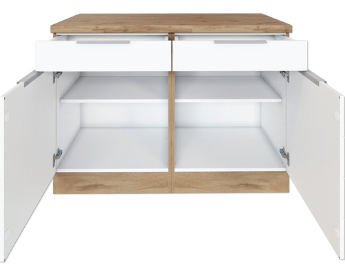 Meuble de salle de bains ouvert avec tiroirs et étagères