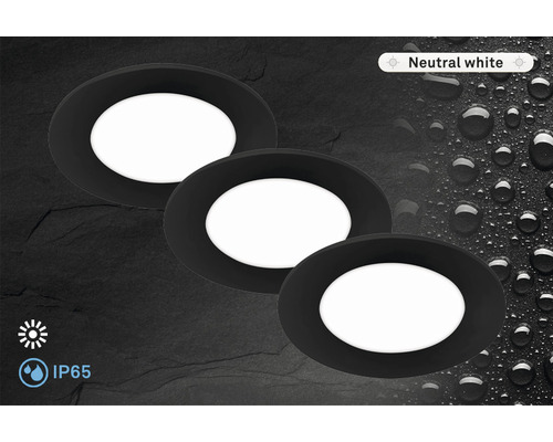 Drei runde LED Einbaustrahler mit neutralweissem Licht und Schutzart IP65