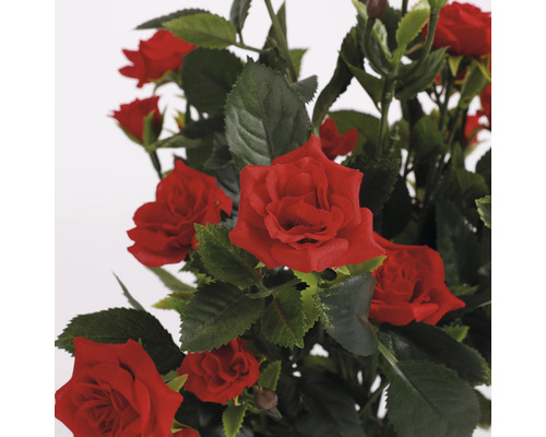 Roses artificielles décoratives avec des feuilles vertes