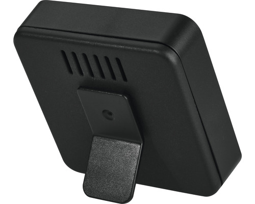 Vue arrière d''un thermomètre noir avec support