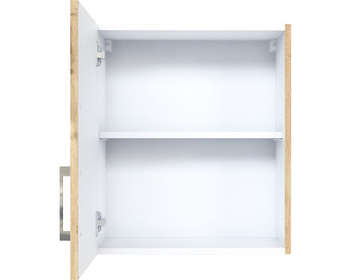 Meuble de salle de bain blanc ouvert avec étagère