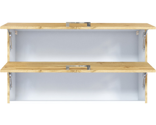 Meuble de salle de bain ouvert avec deux étagères et poignées