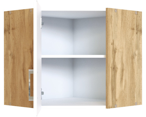 Armoire murale ouverte avec portes en bois et deux étagères