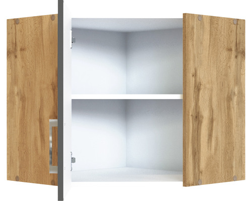 Armoire suspendue ouverte avec portes en bois et deux étagères