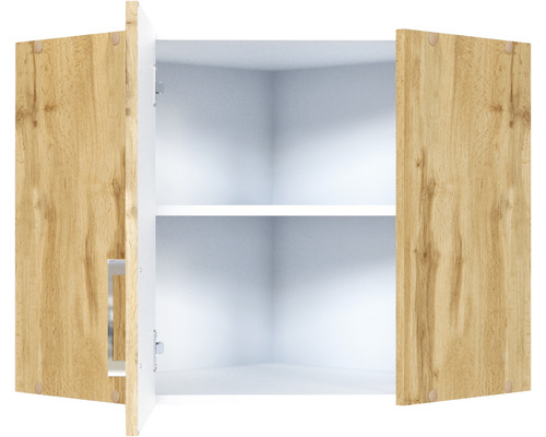 Meuble haut d''angle ouvert avec deux étagères et portes en bois