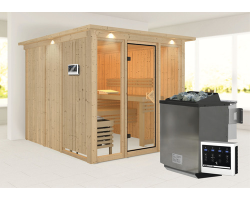 Sauna modulaire Karibu Laskaja avec poêle 9 kW bio et commande externe avec couronne et éclairage avec porte entièrement vitrée coloris bronze