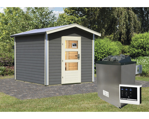 Chalet sauna Karibu Nosse 1 avec poêle 9 kW et commande externe avec vestibule et porte en bois avec verre transparent gris terre cuite/blanc