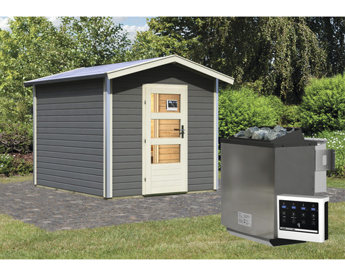 Chalet sauna Karibu Nosse 1 avec poêle 9 kW bio et commande externe avec vestibule et porte en bois avec verre transparent gris terre cuite/blanc