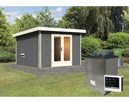 Aussensauna mit Saunaofen und Steuerung im Garten