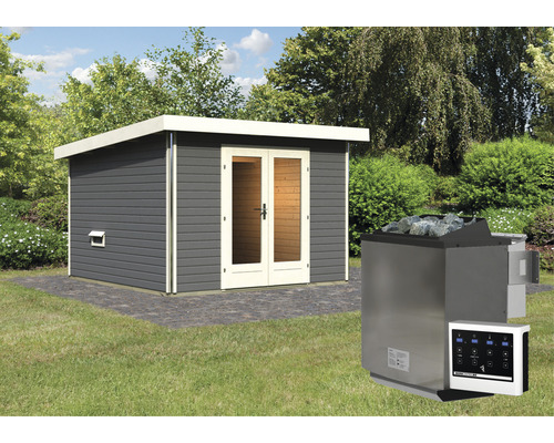 Sauna en bois avec poêle de sauna dans le jardin