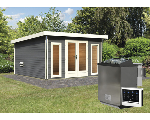 Saunahaus Karibu Sainburga 3 Set A inkl. 9 kW Bio Ofen u.ext. Steuerung mit Vorraum, Fenster und Holztüre mit Klarglas terragrau/weiss