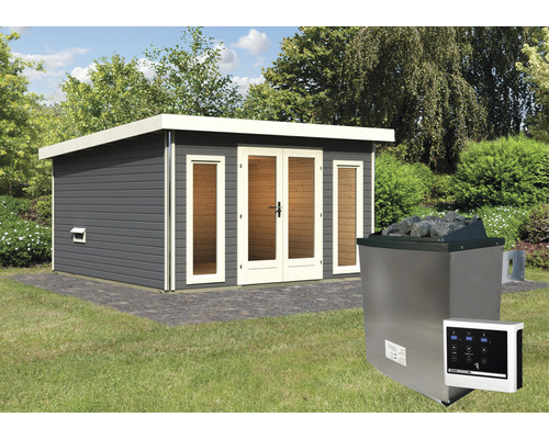 Chalet sauna Karibu Sainburga 3 Set B avec poêle 9 kW bio et commande externe avec vestibule, fenêtre et porte en bois avec verre transparent gris terre cuite/blanc