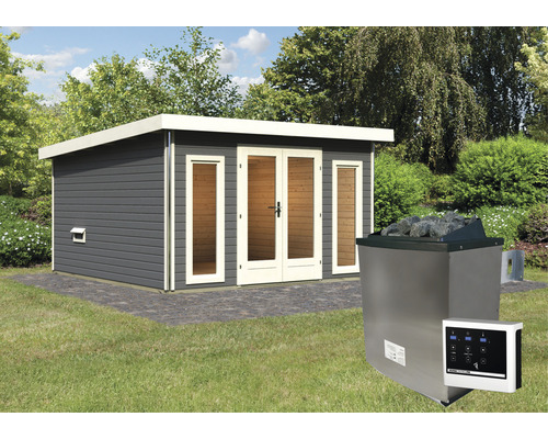 Saunahaus Karibu Sainburga 3 Set B inkl. 9 kW Ofen u.ext. Steuerung mit Vorraum, Fenster und Holztüre mit Klarglas terragrau/weiss