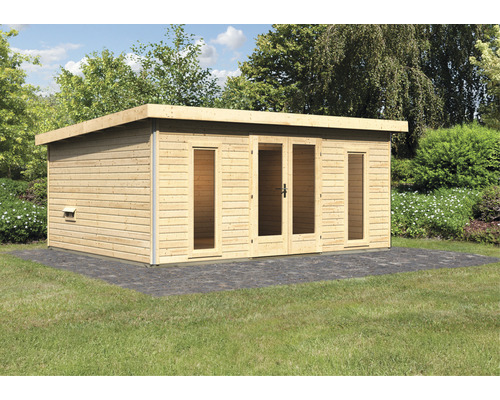 Chalet sauna Karibu Sainburga 4 Set A sans poêle avec vestibule, fenêtre et porte en bois avec verre transparent