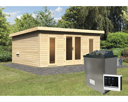 Chalet sauna Karibu Sainburga 4 Set A avec poêle 9 kW et commande externe avec vestibule, fenêtre et porte en bois avec verre transparent