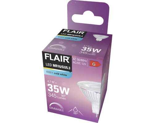 Verpackung einer Flair LED Lampe MR16/GU5.3, 4,7 Watt entspricht 35 Watt, 345 Lumen, dimmbar