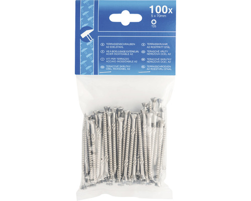Paquet de vis de terrasse A2 en acier inoxydable, 5x70 mm, 100 pièces