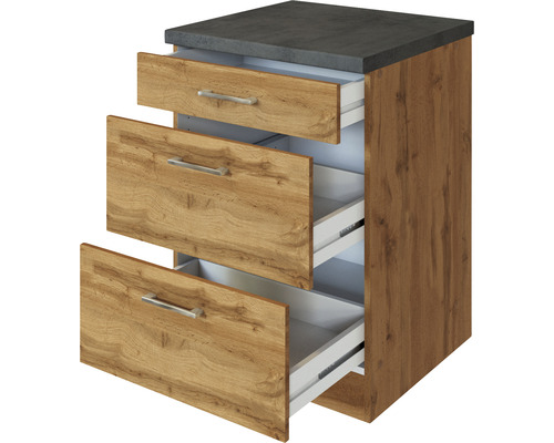 Meuble bas avec trois tiroirs et plan de travail