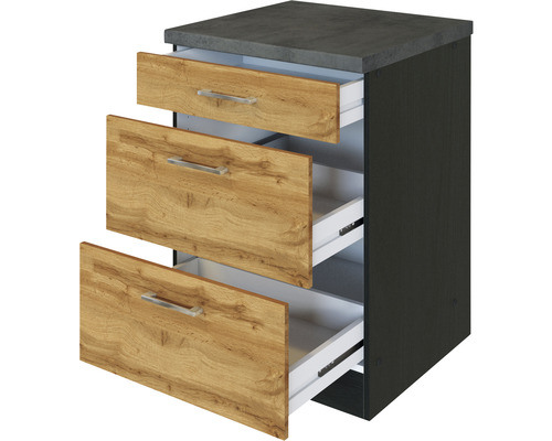 Meuble bas avec trois tiroirs aspect bois et plan de travail gris