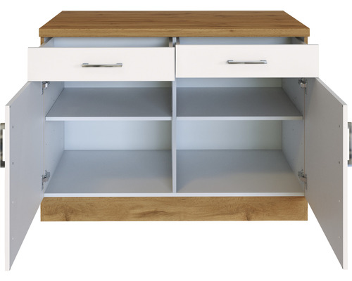 Commode avec deux tiroirs et deux portes ouvertes