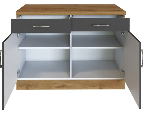 Commode avec deux tiroirs et deux portes ouvertes