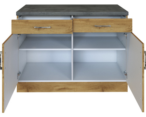 Meuble bas avec deux tiroirs, deux portes ouvertes et étagères