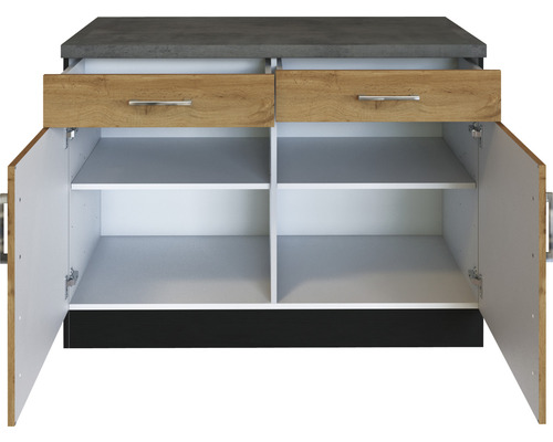 Meuble bas avec deux tiroirs, deux portes ouvertes et des étagères